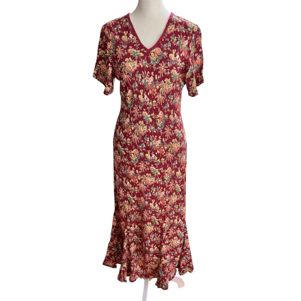 Vintage‎ April Cornell Floral Midi Dress Size M Red Boho Prairie Cottagecore